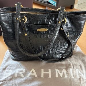 Brahmin Black Croc-Embossed Leather Tote with Gold Hardware